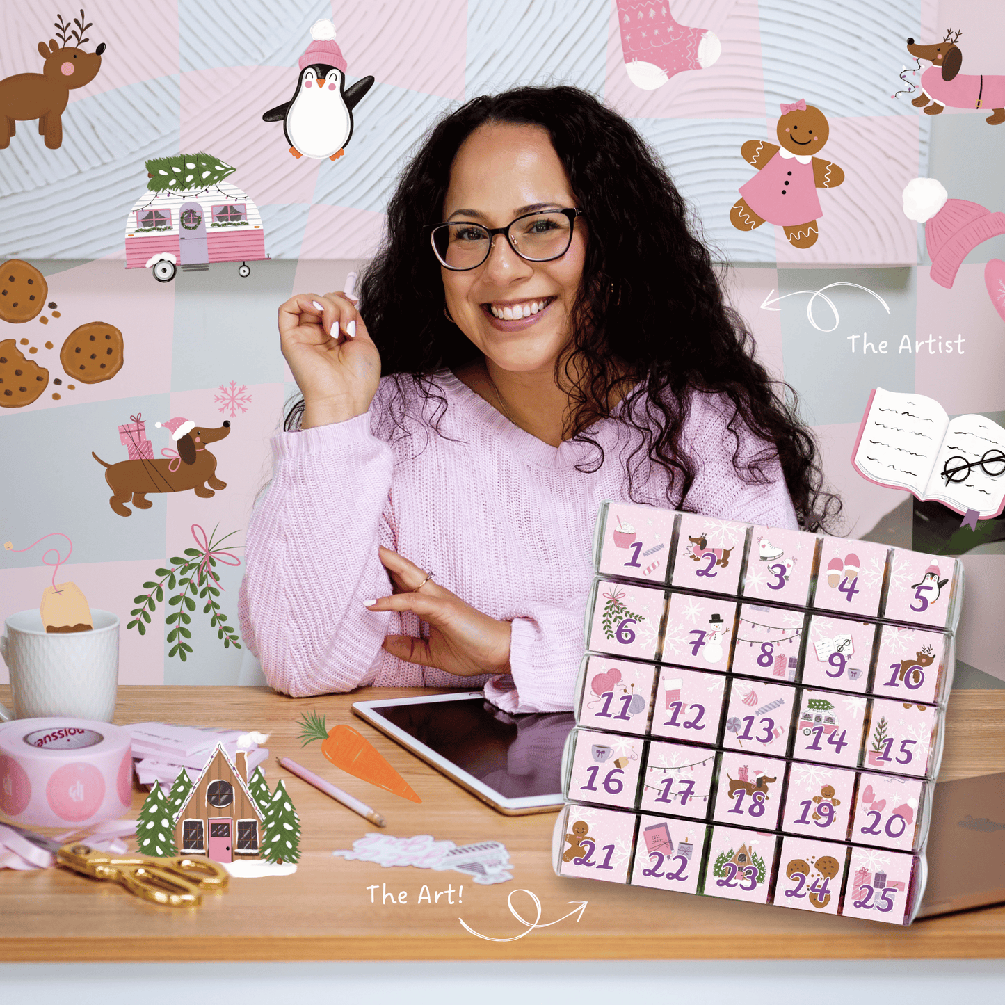 2026 Advent Calendar artist Denise with her illustrated sticker artwork and The Sugar Cube Advent Calendar