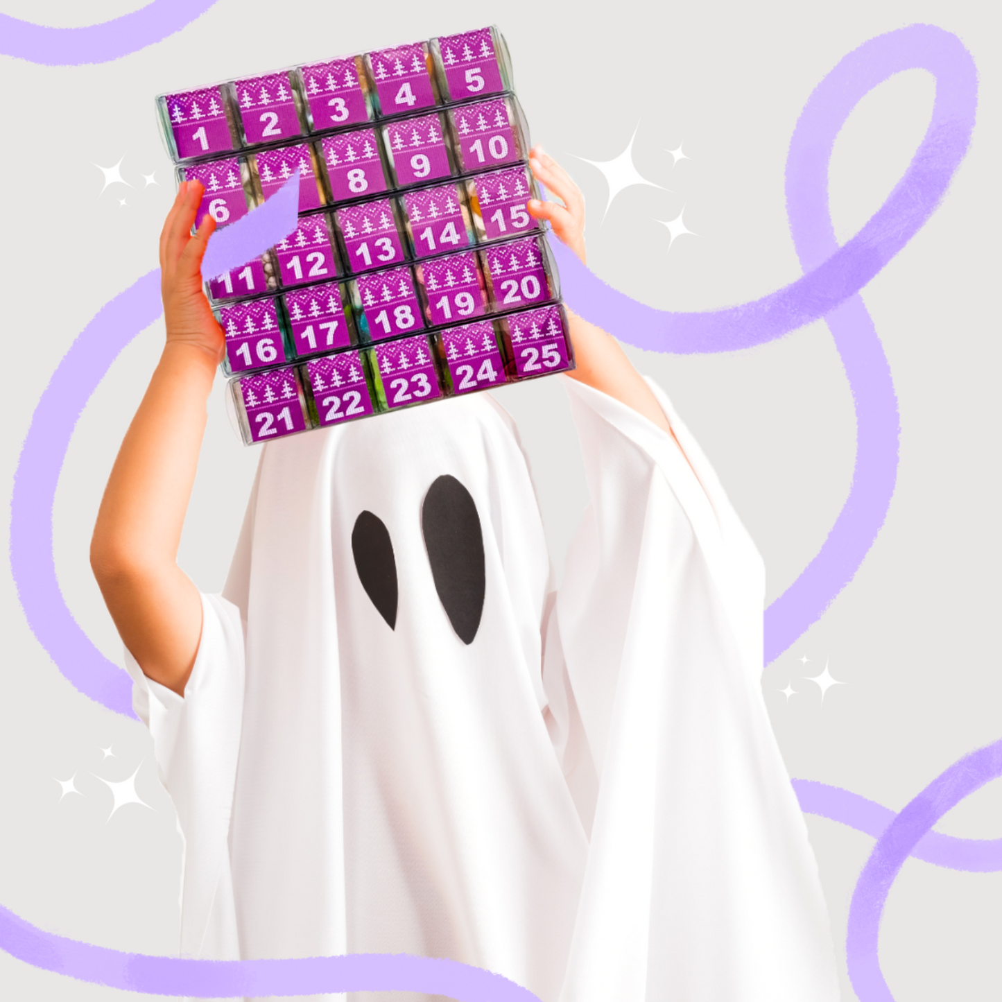 Arms peeking out of a sheet ghost costume holding a purple and white 25-day canadian advent calendar with a sweater pattern.