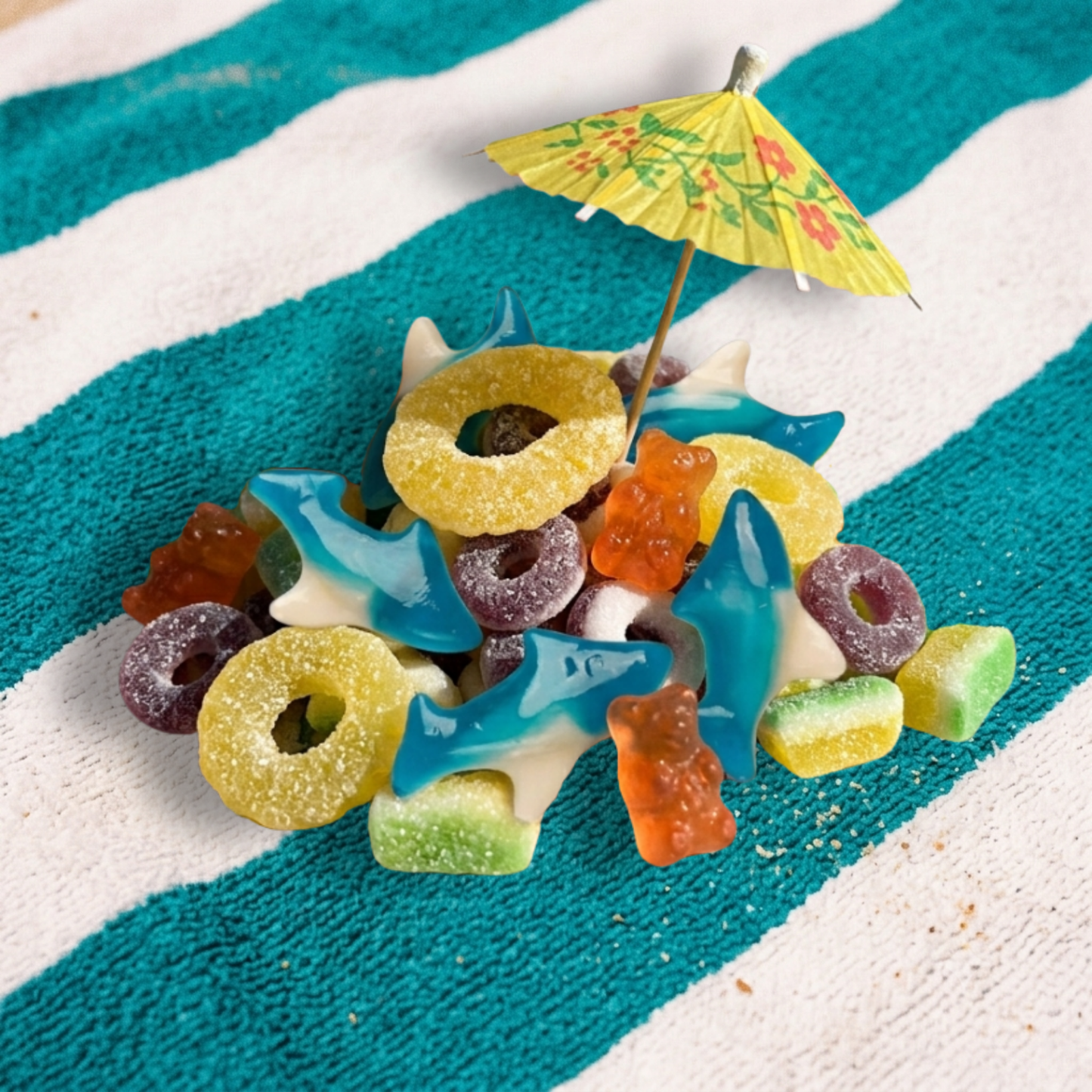 Five favourite candies piled on a teal and white striped beach towel with a tiny tropical umbrella.