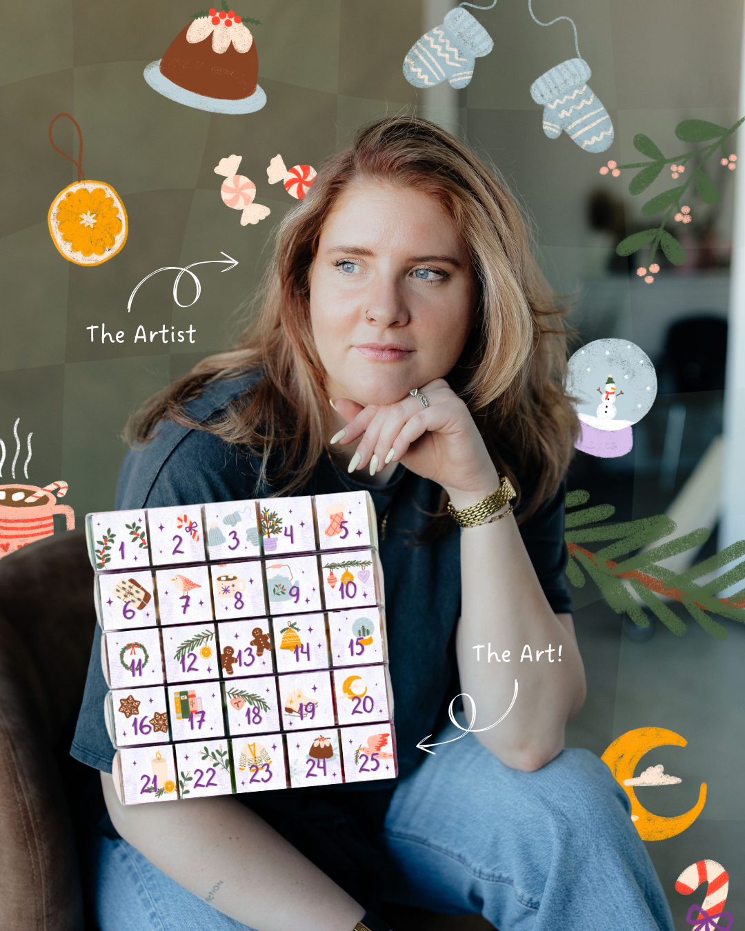 Photo of illustrator Tara from 2 AM Illustrations with her 2025 Sugar Cube Advent Calendar design, displayed next to her Q&A interview and social media links.