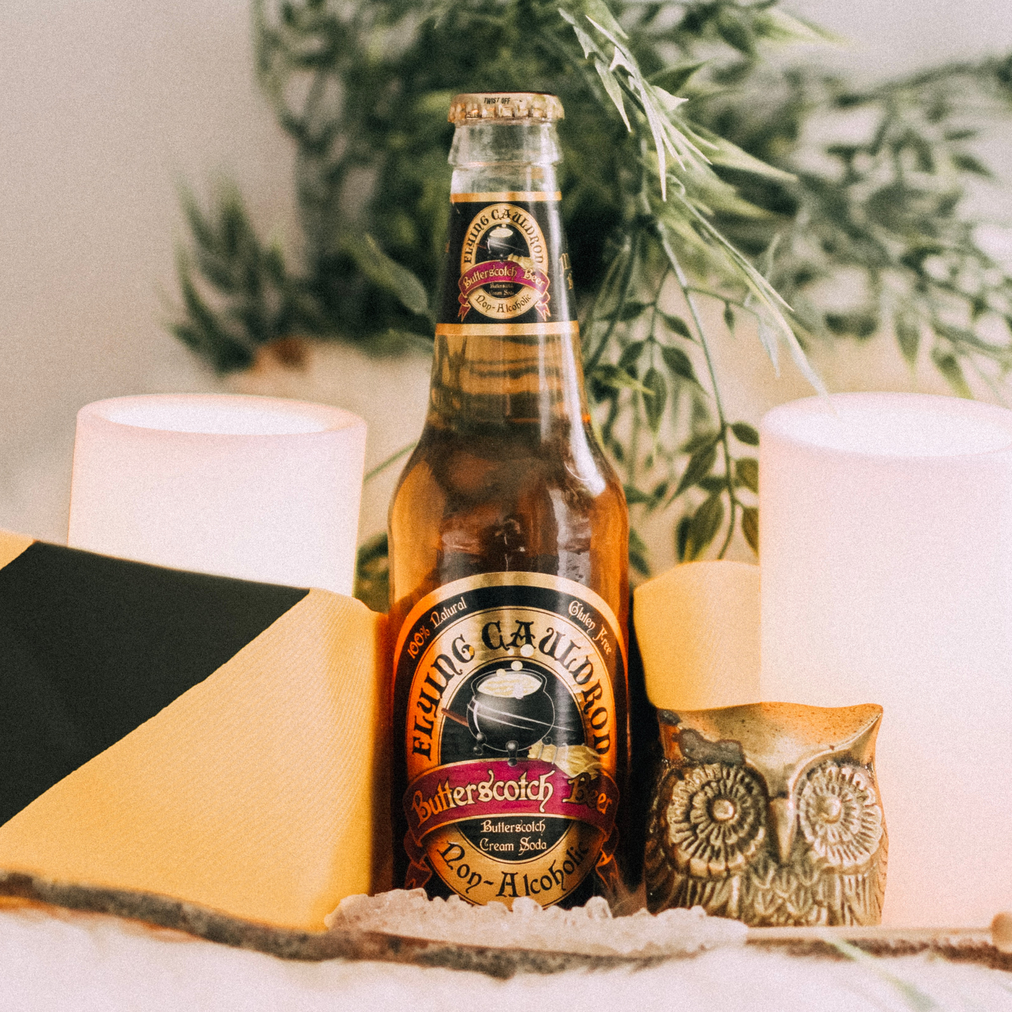 Butterbeer butterscotch cream soda styled with a book and owl for a magical display