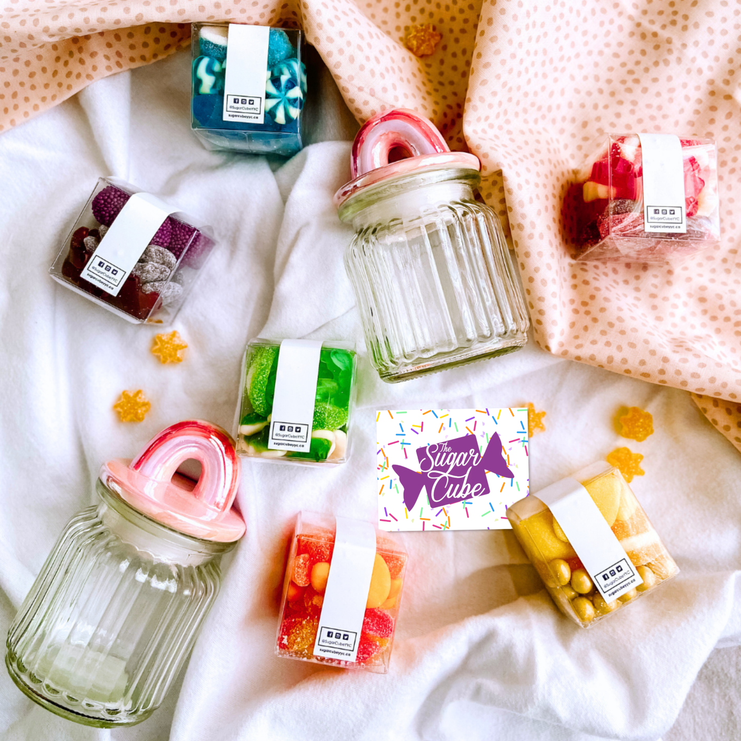 The Sugar Cube digital gift card displayed with colourful CandyGrams and candy jars