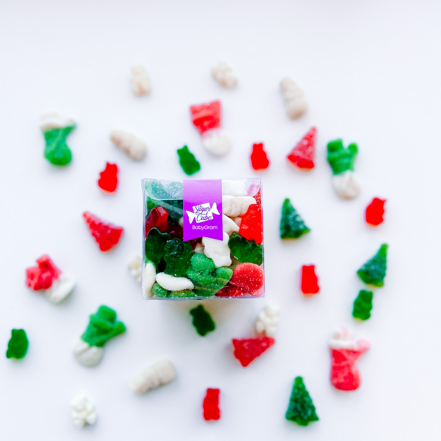 Baby Christmas CandyGram filled with a festive red, green and white Home for the Holidays candy mix