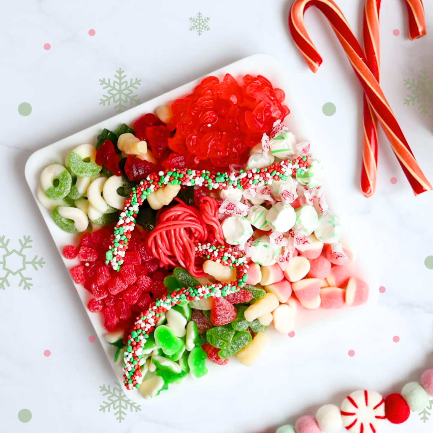 Christmas Candy Platter with red, green and white premium candy, peppermint treats and festive holiday gummies