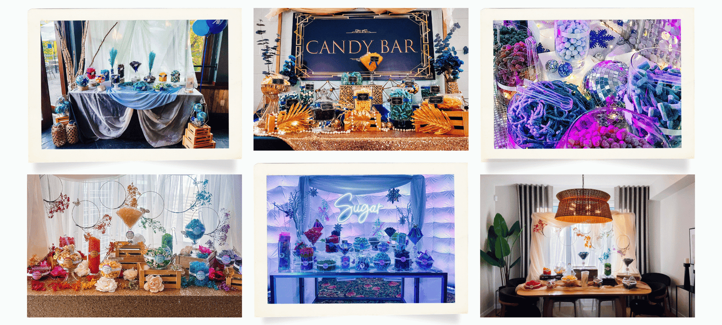 Custom candy bar and candy buffet displays styled to match event colours and themes