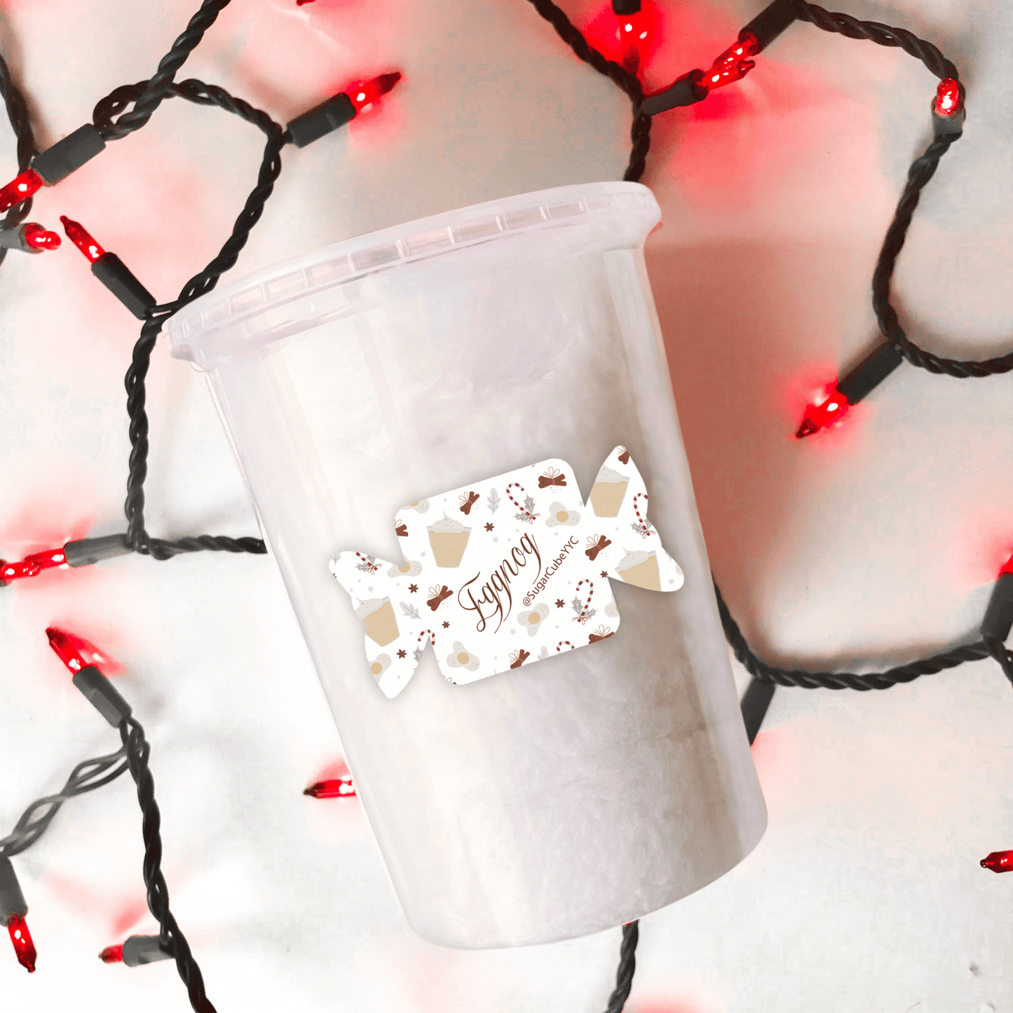 Egg Nog Winter Cotton Candy tub featuring a cozy seasonal flavour, spun fresh for Christmas and holiday gifting