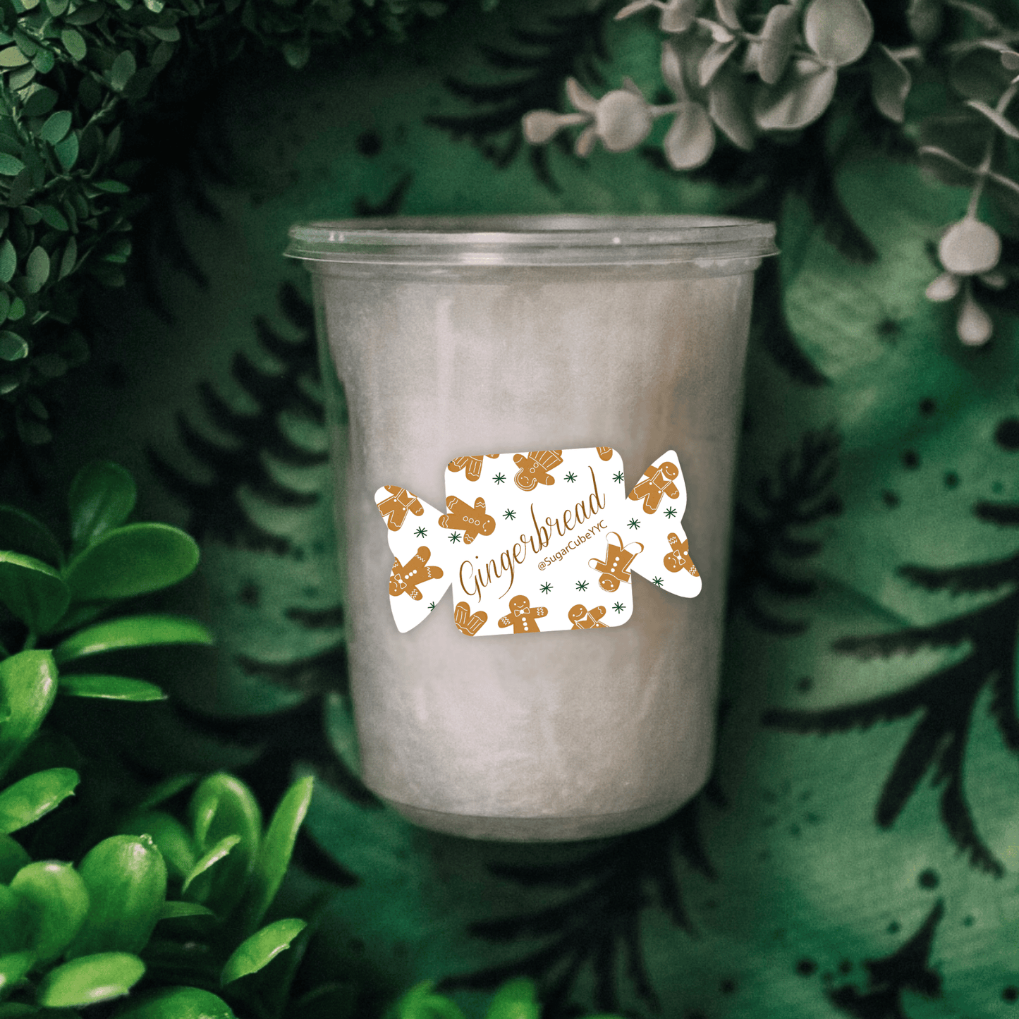 Gingerbread Winter Cotton Candy tub in a festive seasonal flavour, spun fresh for Christmas and holiday treats