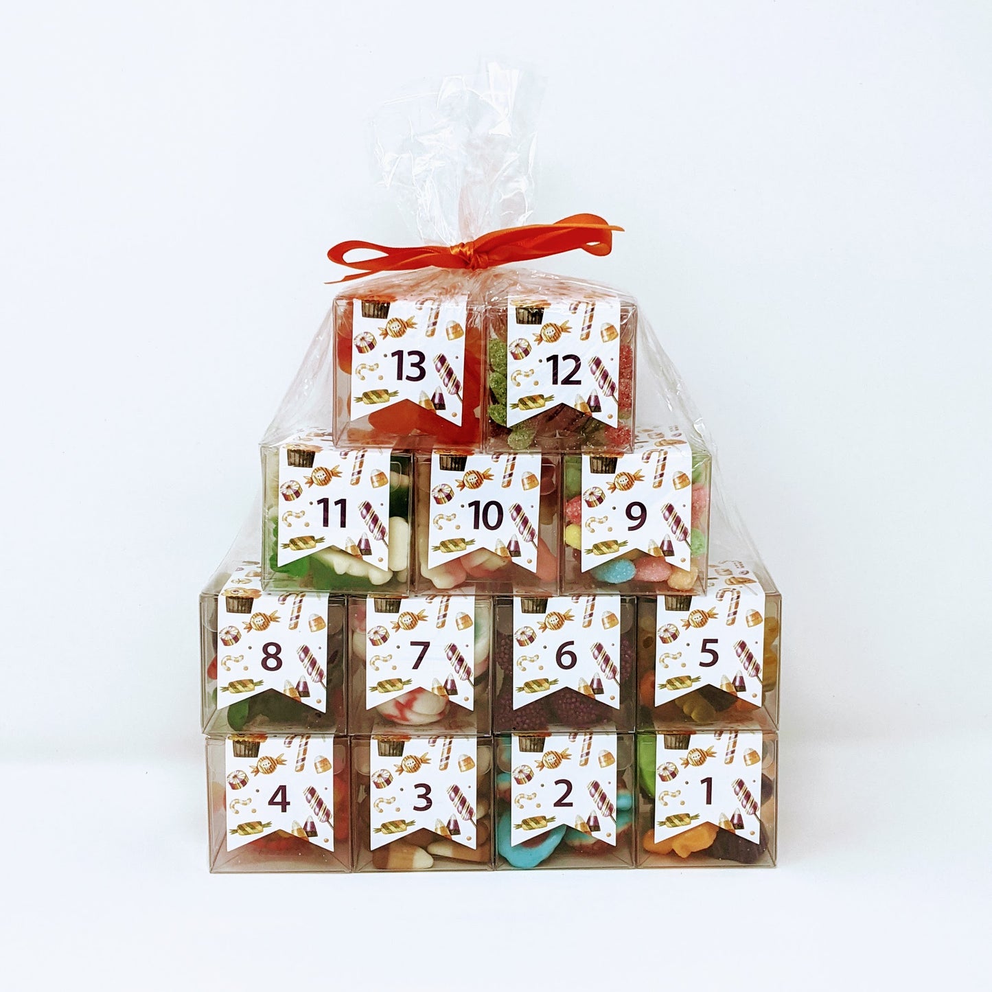 13 Fright Nights Halloween candy Advent Calendar with numbered candy cubes and orange ribbon