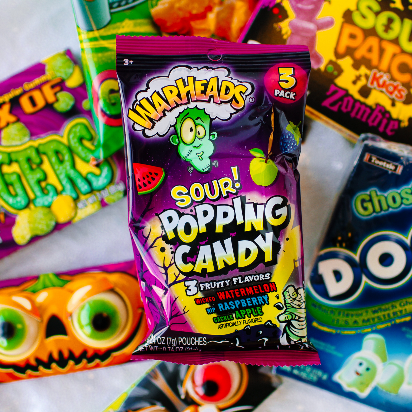 Assorted Halloween novelty candy and spooky sweets featured in Halloween candy baskets