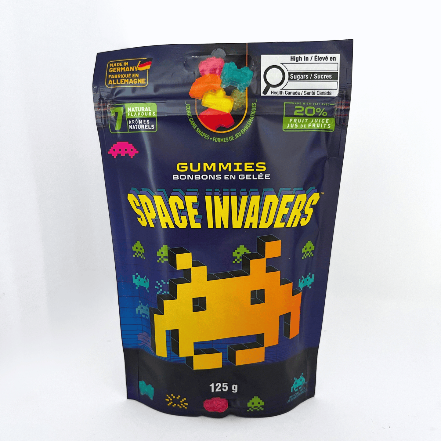 Space Invaders gummy candy featuring colourful retro arcade game shapes