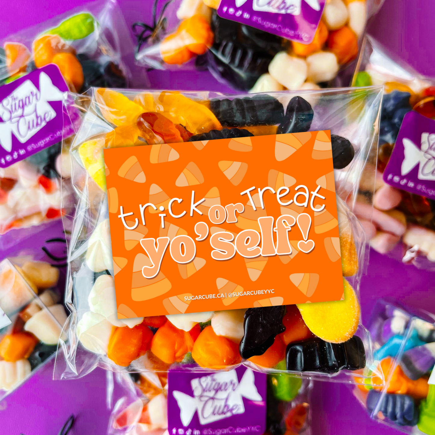 Spread the Scare Halloween card insert featuring “Trick or Treat Yo Self!”