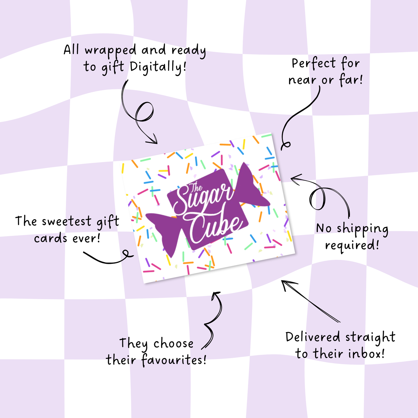 The Sugar Cube digital candy gift card with callouts highlighting email delivery, no shipping required and letting recipients choose their favourite candy