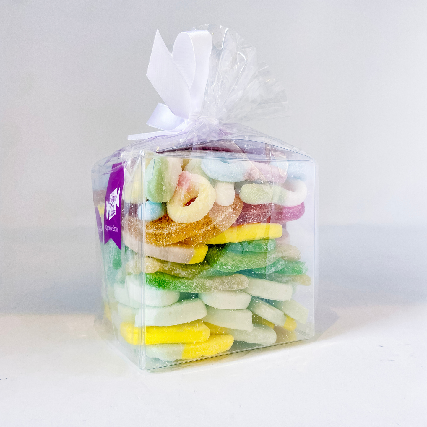 Side view of a Swedish CandyGram packed with assorted Swedish gummies and sweets