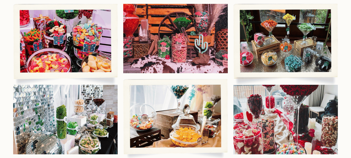 Colour-coordinated themed candy buffets with custom candy displays for events in Calgary