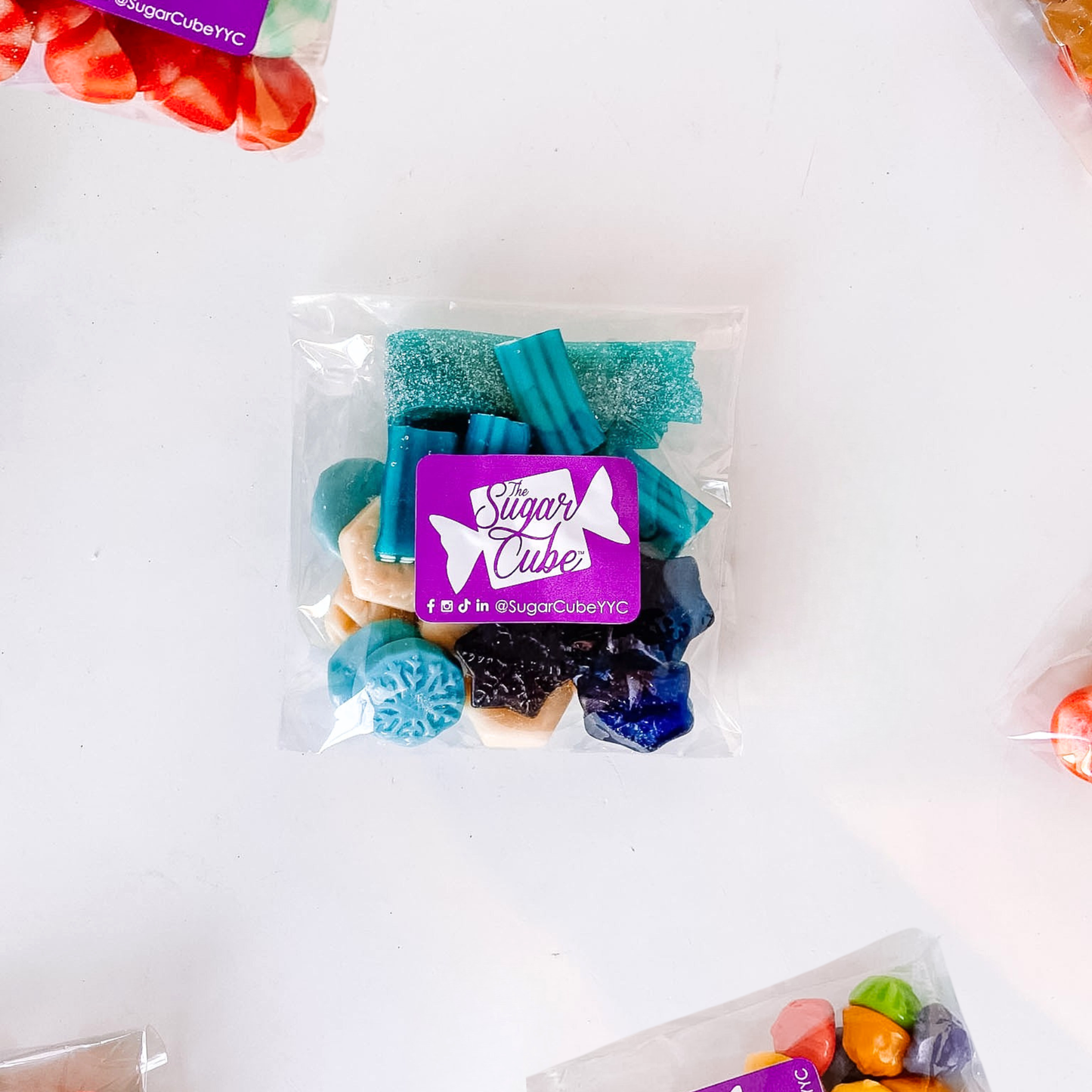 Winter Wonderland Christmas candy bag filled with a festive mix of blue and white bulk candy